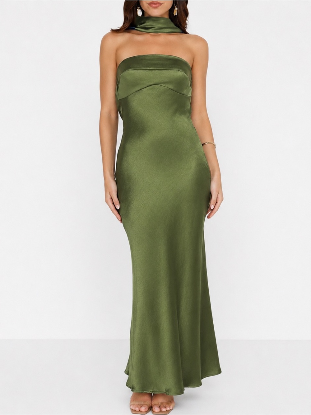 Strapless Olive Green Satin Evening Dress